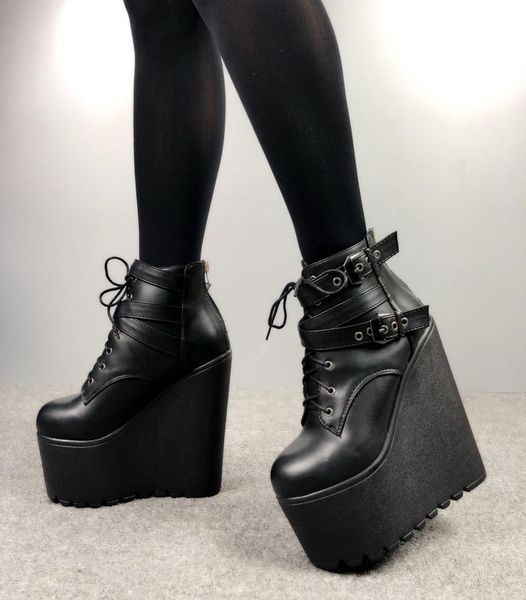 

boots 2021 wedges ankle white black rubber sole shoes platform women lacing autumn heels heel 16 cm