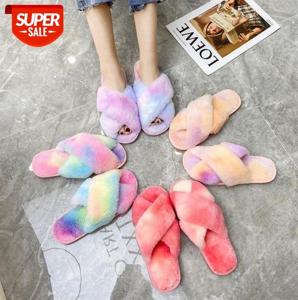 

plush slippers women colorful cross open toe plus size home fur #az40, Black