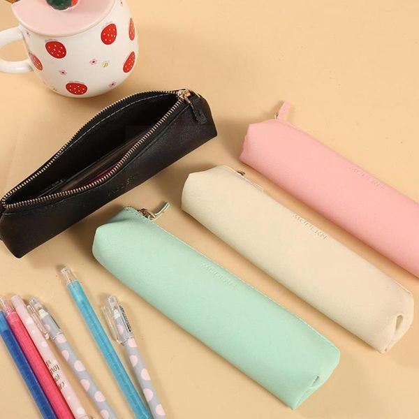 

pencil bags color mini simple cute pu leather bag for girls children gift kawaii stationery school storage supplies q0n9