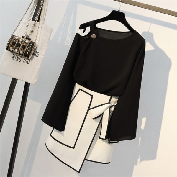 

spring women slash off shoulder long t shirt & elegant irregular hem skirt suits fashion female office work plus size sets 210519, White