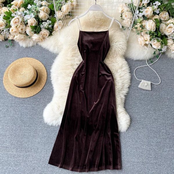 

casual dresses autumn winter vintage dress pearls spaghetti strap sleeveless backless night out club velvet midi women's clothing, Black;gray