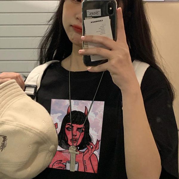 

ulzzang pink cute devil mens girl print men casual loose summer japan chic vintage harajuku demon cartoon ins clothing, White;black