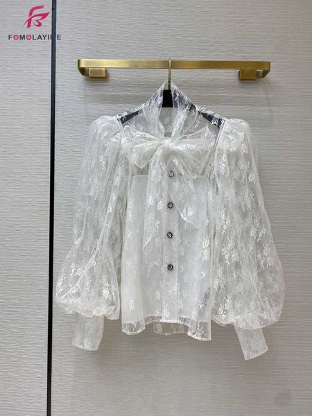 

women's blouses & shirts summer 2021 product bow lace shirt vintage sweet big lantern sleeve double transparent, White