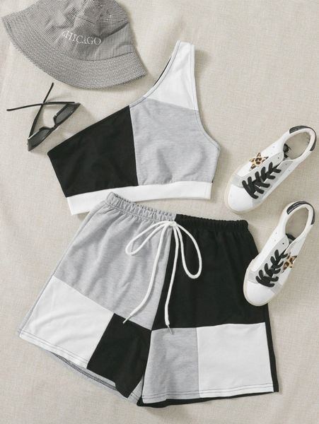 

one shoulder colorblock & track shorts set 12yw#, White