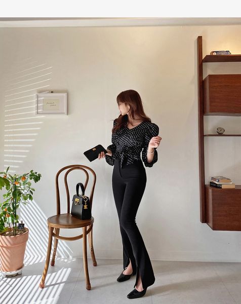 

women's blouses & shirts fashion ladies puff sleeve deep v blouse elegant female stripe plaid office ihoi, White