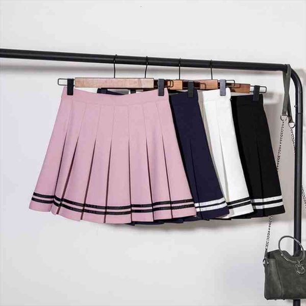 

harajuku cotton high waist short women skirt pleated school wind striped stitching mini with shorts, Black