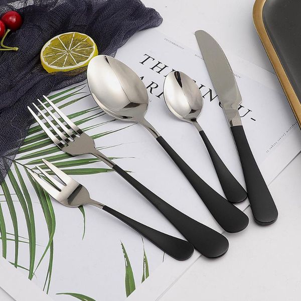

dinnerware sets black silver stainless steel cutlery tableware set party 5pcs flatware forks knives spoons silverware