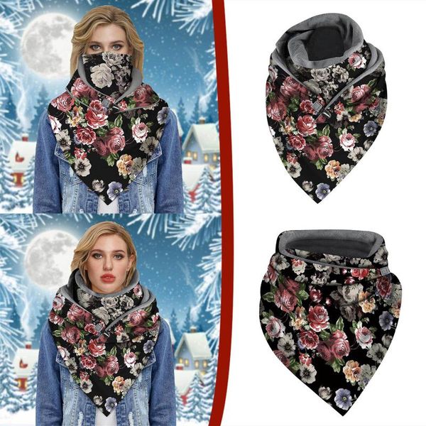 

scarves women floral printed scarf winter warm button wrap casual cashmere wool blend shawl streetwear, Blue;gray