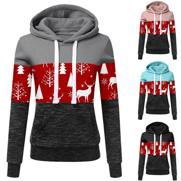 

women's hoodies & sweatshirts christmas casual print pullovers color blocking long sleeve hooded drawstring sweatshirt loose harajuku, Black