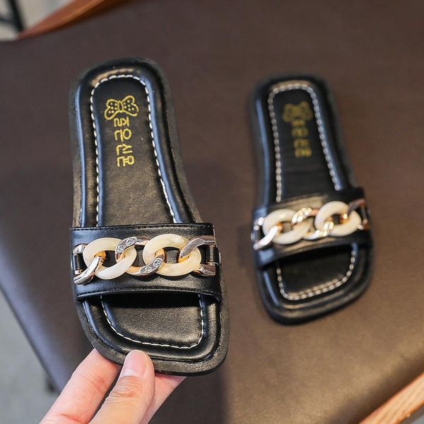 

slipper girls sandals slides kids summer beach chain princess sweet children slippers for bath swimming indoor outdoor, Black;grey