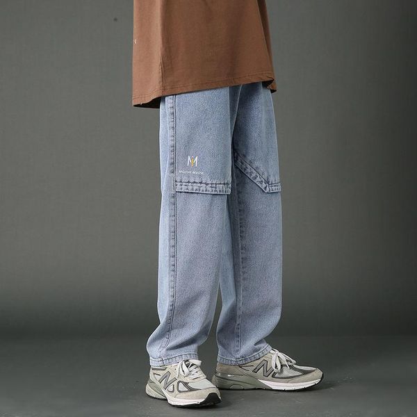 

men's jeans stitching trend loose nine-point straight-leg pants wide-leg japanese harajuku denim trousers printed letters jean, Blue