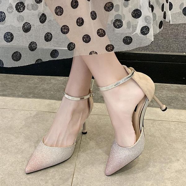 

dress shoes women high heel sandals pumps spring fashion sequined cloth simple buckle stiletto heels party, Black