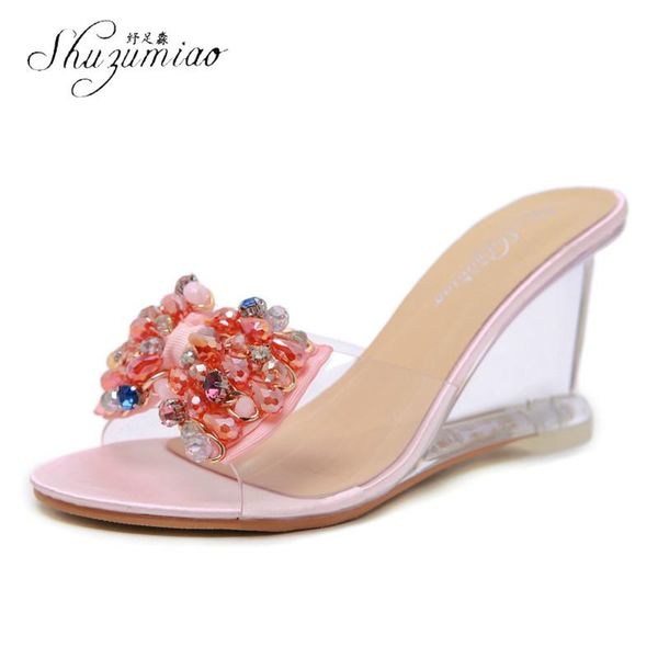 

luxury jewelry designer 8.5cm wedge slippers women crystal heels slides bowknot high ladies shoes summer woman, Black