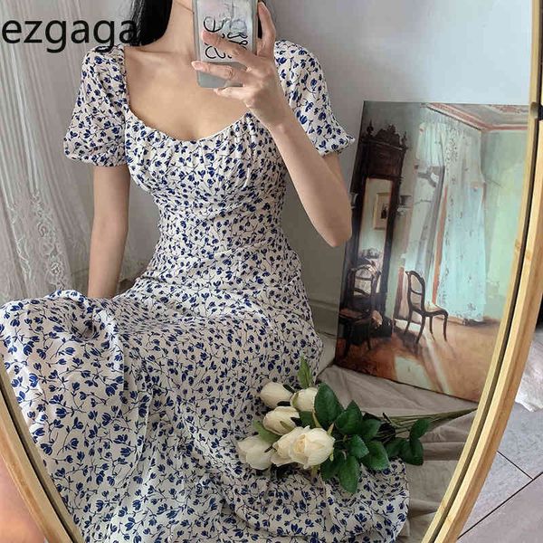 

ezgaga french style floral dress women short sleeve square collar summer fashion new elegant chiffon bodycon ladies vestidos 210430, Black;gray