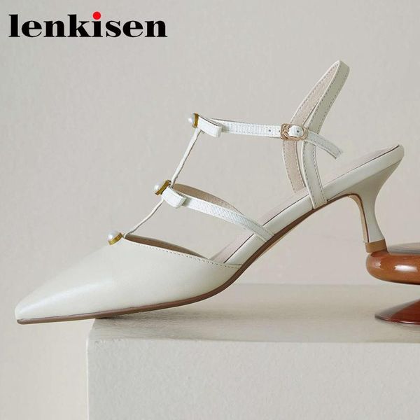 

dress shoes lenkisen french romantic genuine leather pointed toe high heels buckle strap pearl bowtie pretty girls dating women pumps l01, Black