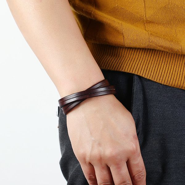 

european and american retro simple two-circle cowhide bracelet men's jewelry fashion all-match punk rock leather gifts, Golden;silver