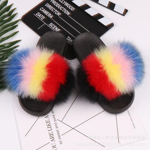 

women cute plush fur slides fashion fluffy raccoon casual comfort non-slip indoor patchwork slide large size slippers, Black