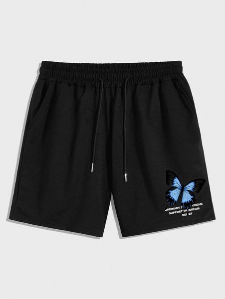 

romwe guys letter butterfly graphic drawstring shorts 513q#, Black