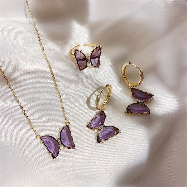 

earrings & necklace purple zircon jewelry set for women fashion butterfly rings female wedding, Silver