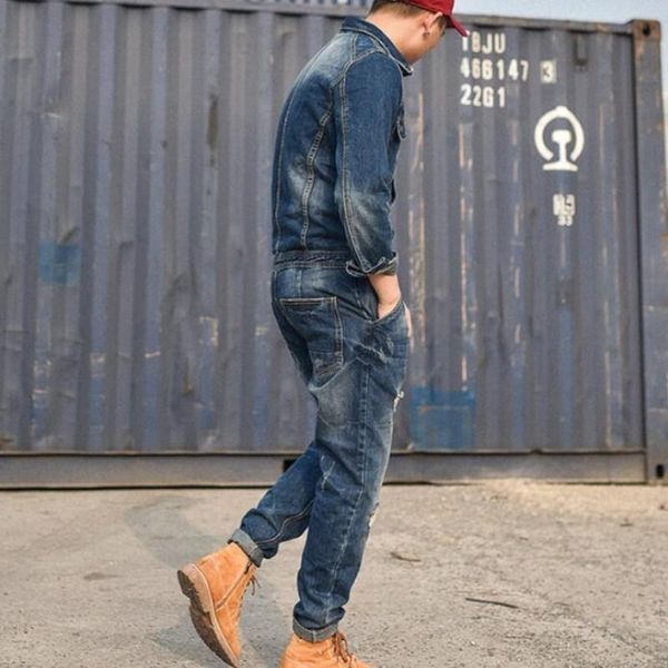 

autumn retro one piece classic denim jumpsuit long sleeve cargo overalls single breasted hole ripped jeans trousers pockets pant men's, Blue