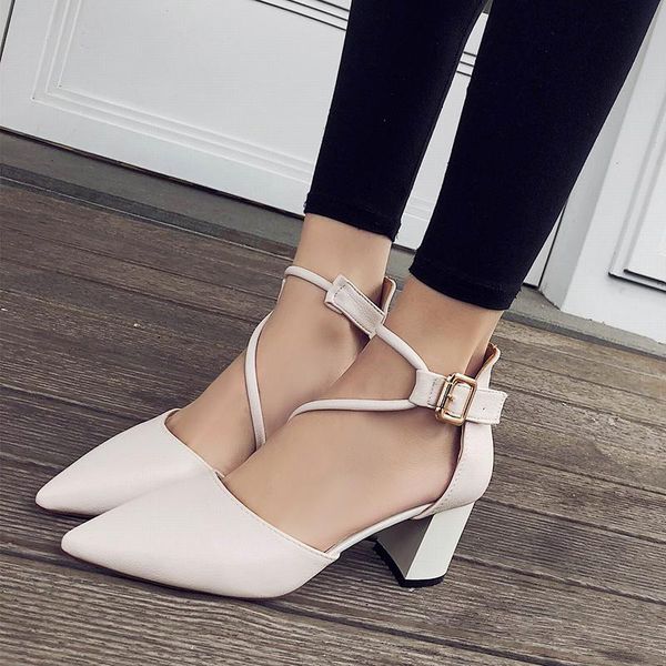 

dress shoes plus size pumps women woman square high heels buckle strap mary jane female pointed toe leather ladies, Black