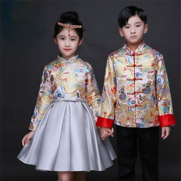 

girl's dresses children baby clothing boy kids tang costume satin chinese qipao long sleeve flower girl embroidery fall winter performa, Red;yellow