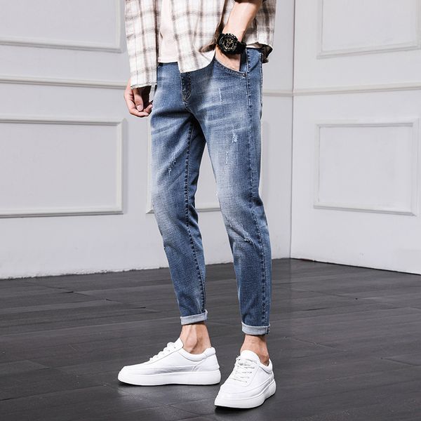 

Jeans, pants, 2021 spring and autumn fashion, holes, slim fit, Capris, leggings, men's Leggings, Blue