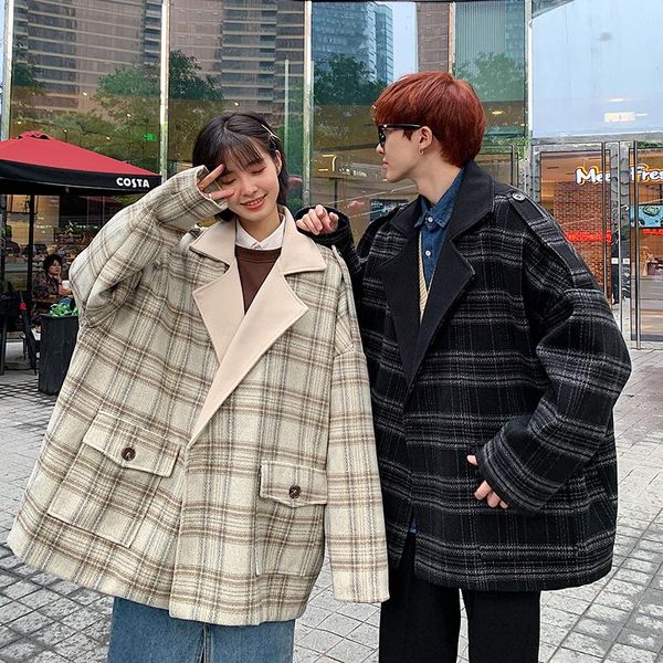 

men's wool & blends fall/winter plaid woolen jacket women's loose raglan sleeves large edition mens jackets and coats, Black