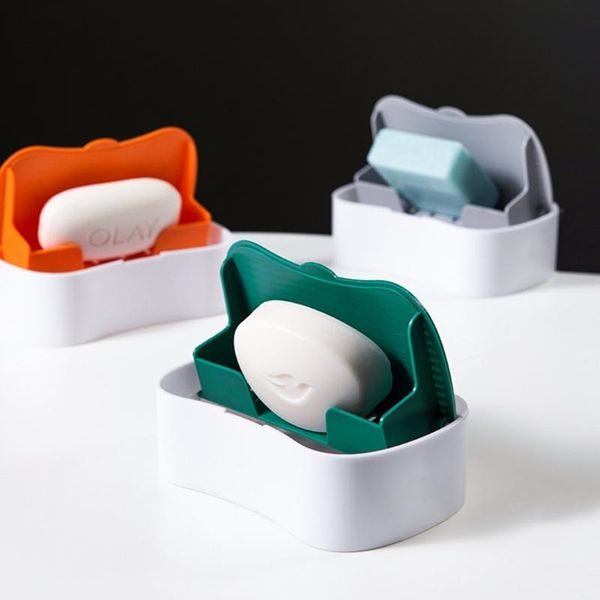 

soap dishes wall-mounted dish bathroom storage drain rack box hook plastic creative flip cover no trace sticker