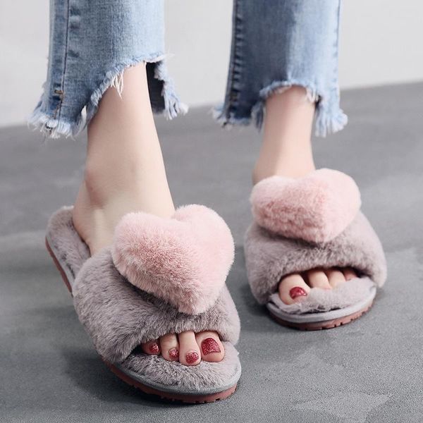 

women house shoes cute heart fur warm velvet bedroom slippers for fashion winter fluffy flat non slip home slides, Black