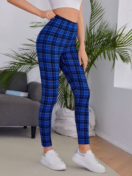 

high waist plaid leggings b1a6#, Black