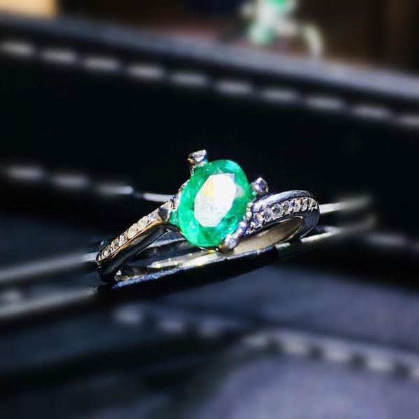 

cluster rings natural real emerald slim ring per jewelry 4*6mm 0.52ct oval gemstone 925 sterling silver fine j210640, Golden;silver