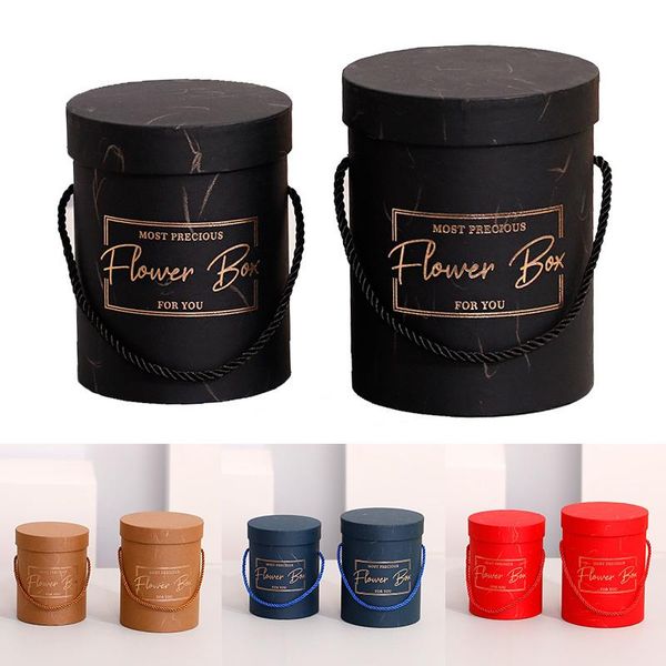

round printed flower paper boxes with lids packaging flowers gifts candy bags handle for wedding party florist decoration gift wrap