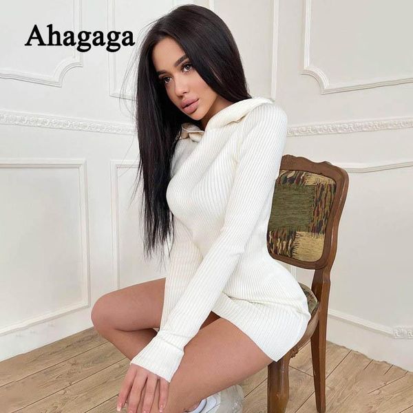 

casual dresses ahagaga 2021 autumn knitted hooded dress women fashion sheath bodycon long sleeve solid streetwear female mini robe, Black;gray