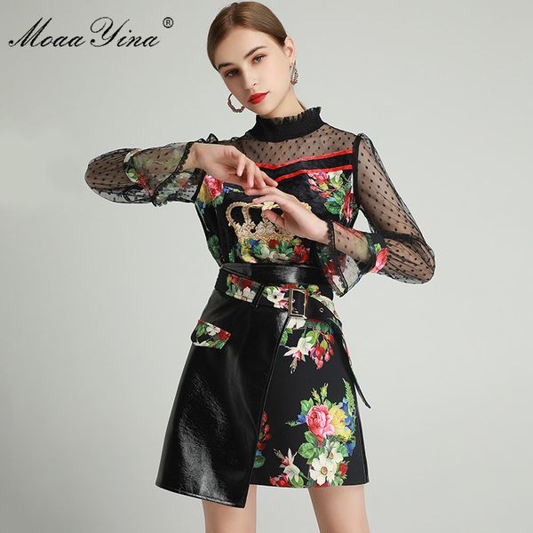 

fashion designer set spring women's mesh long sleeve rose floral-print velvet +asymmetrical pu skirt two-piece sets 210524, White