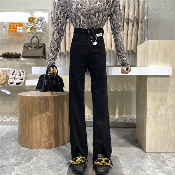 

jeans nicho design 2021 high-waisted skinny waistband jean floor with lyrics split straight pants, Blue