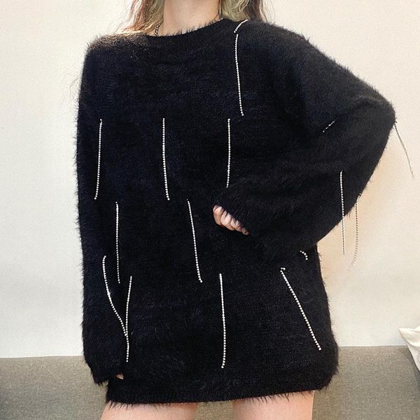 

women's sweaters autumn and winter casual faux mohair knitted womens rhinestone soft black pullovers pullover, White;black