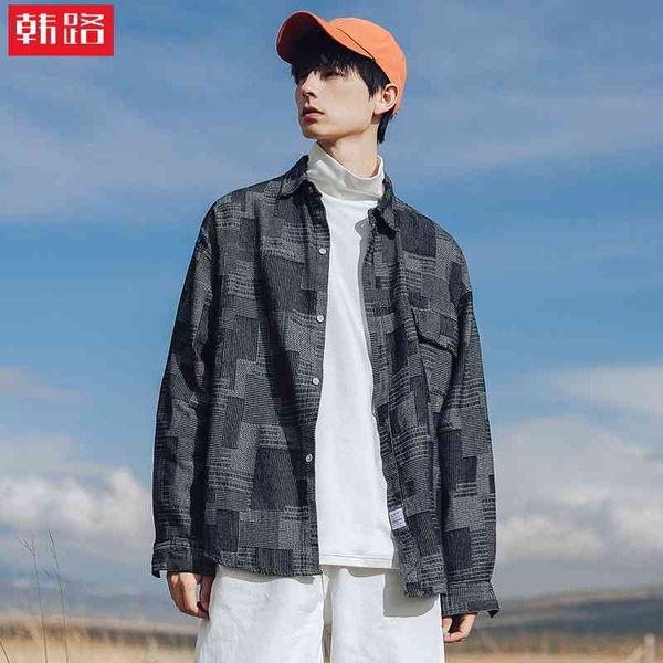 

han luxin menswear autumn 2021 new couple denim jacket shirt men's loose plaid shirt coat, Black