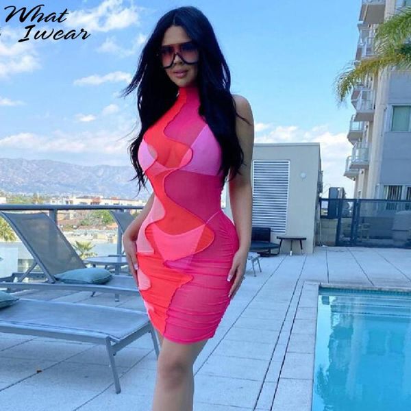 Günlük Elbiseler Whatiyavi Örgü Kadınlar Seksi Kontrastlı Patchwork Through Through Mini Elbise Estetik Bodycon Kolsuz Yaz Clubwear Slim Kıyafet