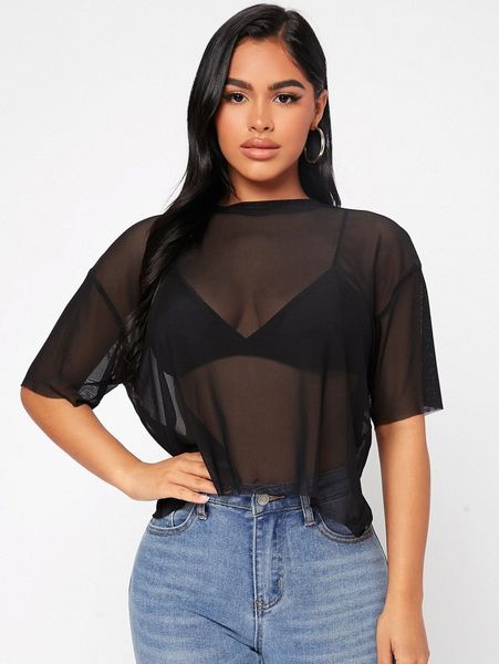 

petite drop shoulder sheer mesh without bra v8nj#, White