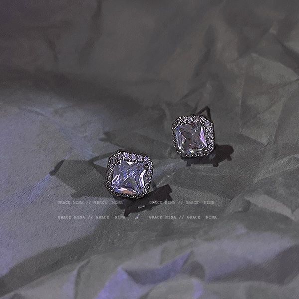 

stud geometric square diamond earrings 925 silver needle exquisite crystal korean all-match female trend ear ring, Golden;silver
