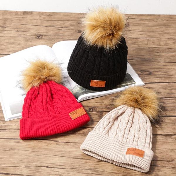 

beanies fashion warm caps solid color autumn winter cute knitted hats with fluffy pompom ball