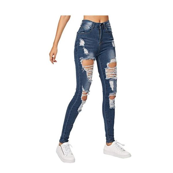 

high waist skinny jeans women vintage distressed denim pants holes destroyed pencil casual trousers summer #t2g women's, Blue