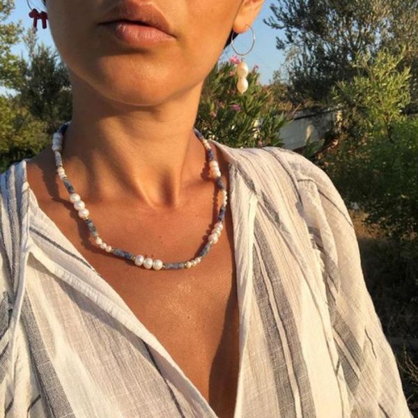 

chains freshwater pearl natural stone beaded chain splicing strand necklace for women girls hypnotic stacking female choker, Silver