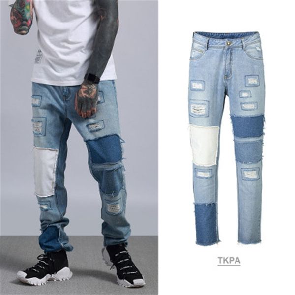 

straight jeans high streetwear patchwork pattern vintage men demin loose jeans light blue