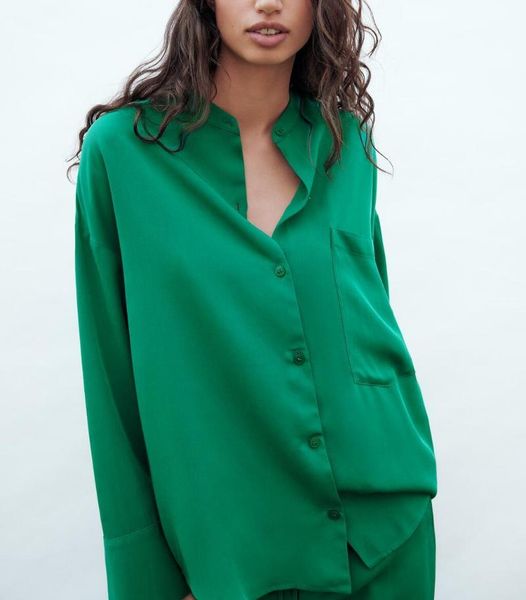 

women's blouses & shirts women 2021summer pocket draped long sleeve button up shirt korean fashion casual loose streetswear green blou, White