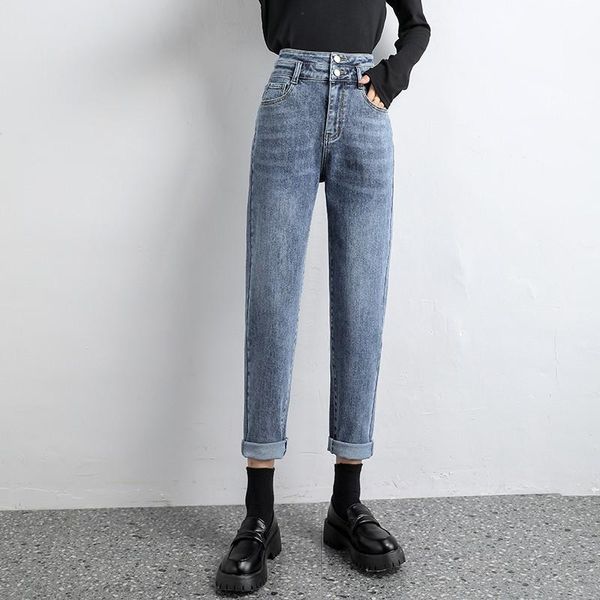 

high waist jeans woman mom straight stretch denim pants plus size loose casual vintage jean trousers oversize women's, Blue