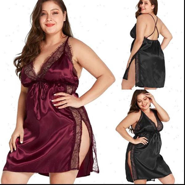 

plus size one piece pajamas women sleepwear sets satin nightgown lace sleeveless lingerie v neck nightshirt s 5xl, Black;red