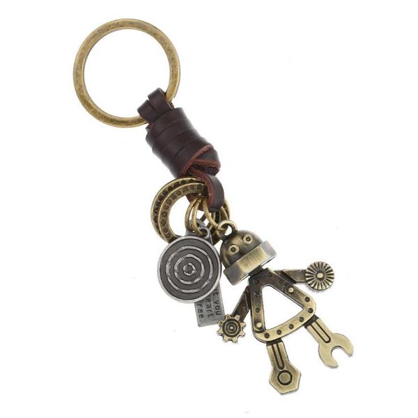

keychains retro vintage alloy robot handmade leather bronze charms women men keyring bag car key chain girl boys fashion jewelry, Silver