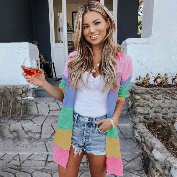 

knitted rainbow sweater cardigans women vintage stipe long cardigans autumn winter causal hollow out pink cardigan 210415, White;black